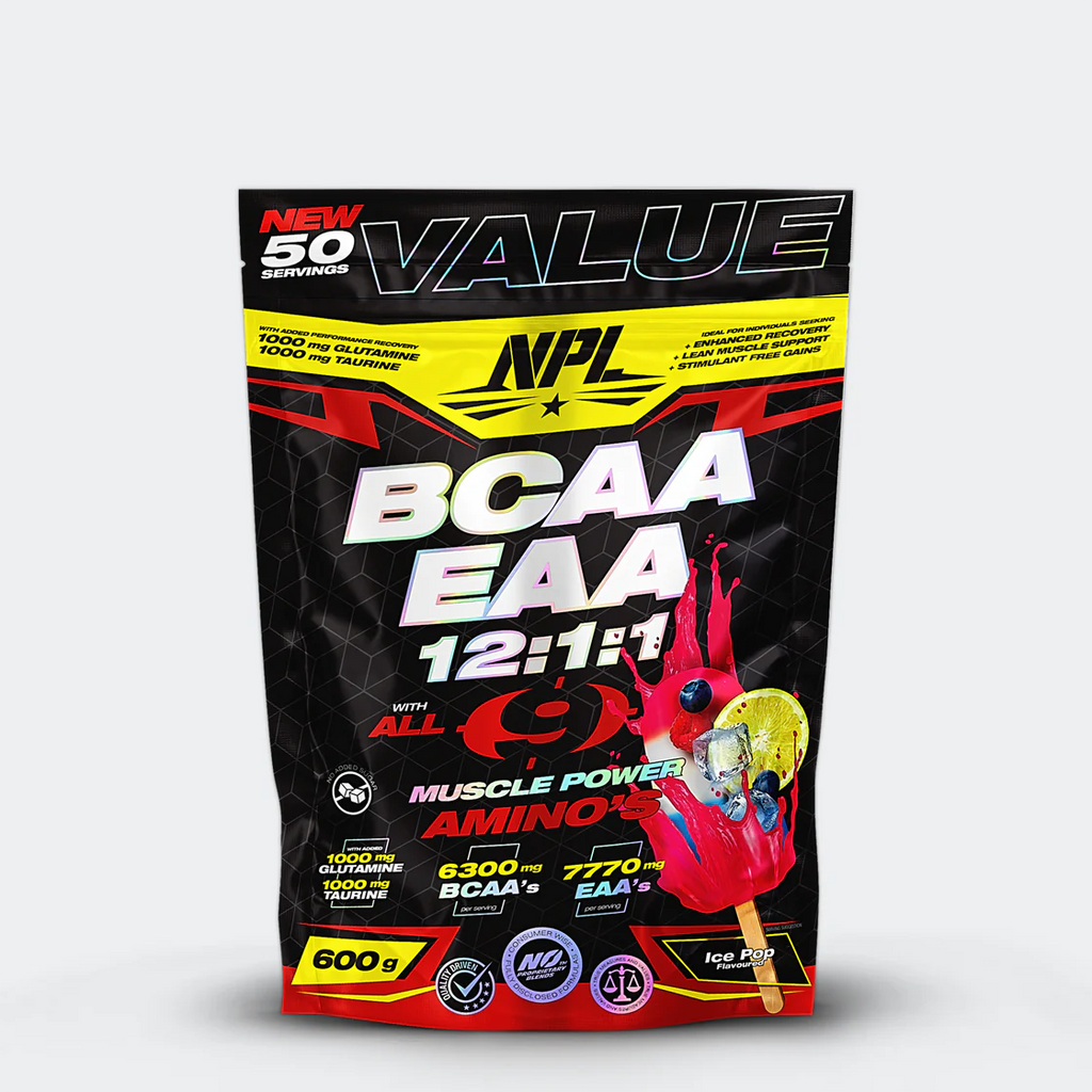 NPL’s BCAA EAA 12:1:1 ICE POP 600G gives you more amino acids then any other product on the market, promoting recovery after strenuous exercise  Amino Acids are the building blocks of protein and are important for muscle recovery and growth, particularly during and after strenuous exercise. Essential amino acids cannot be produced in the body and may need to be consumed through diet or supplementation.
