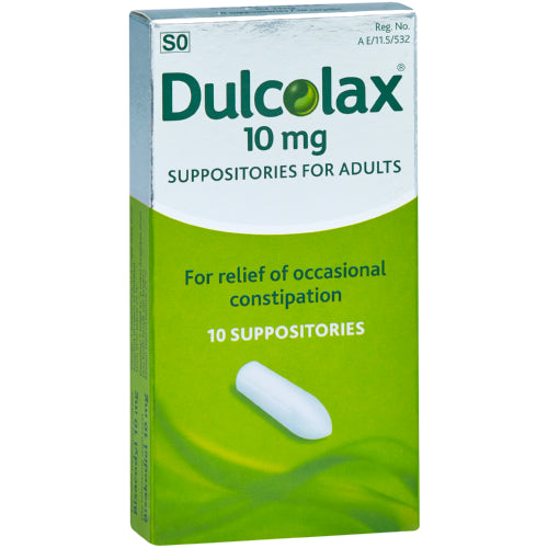 Dulcolax 10 mg Suppositories (Adults) 10's.For the relief of occasional constipation. Dulcolax is a laxative that acts by one or more actions on the colonic mucosa to produce effective peristalsis and evacuation of the bowel.