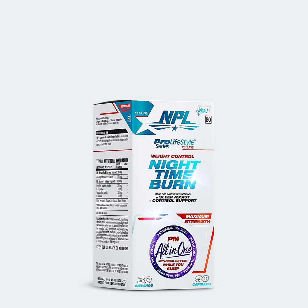 NPL Night-time Burn 90's- is an innovative, stimulant free, weight management supplement that works while you sleep. Night-time Burn may aid weight-loss efforts as well as support restful sleep. Night-time Burn contains natural active ingredients that may promote stress relief, provide adrenal support, and instill a state of relaxation. Night-time Burn may also support cortisol reduction, lessen muscle catabolism thereby helping you achieve your ideal physique and performance goals.
