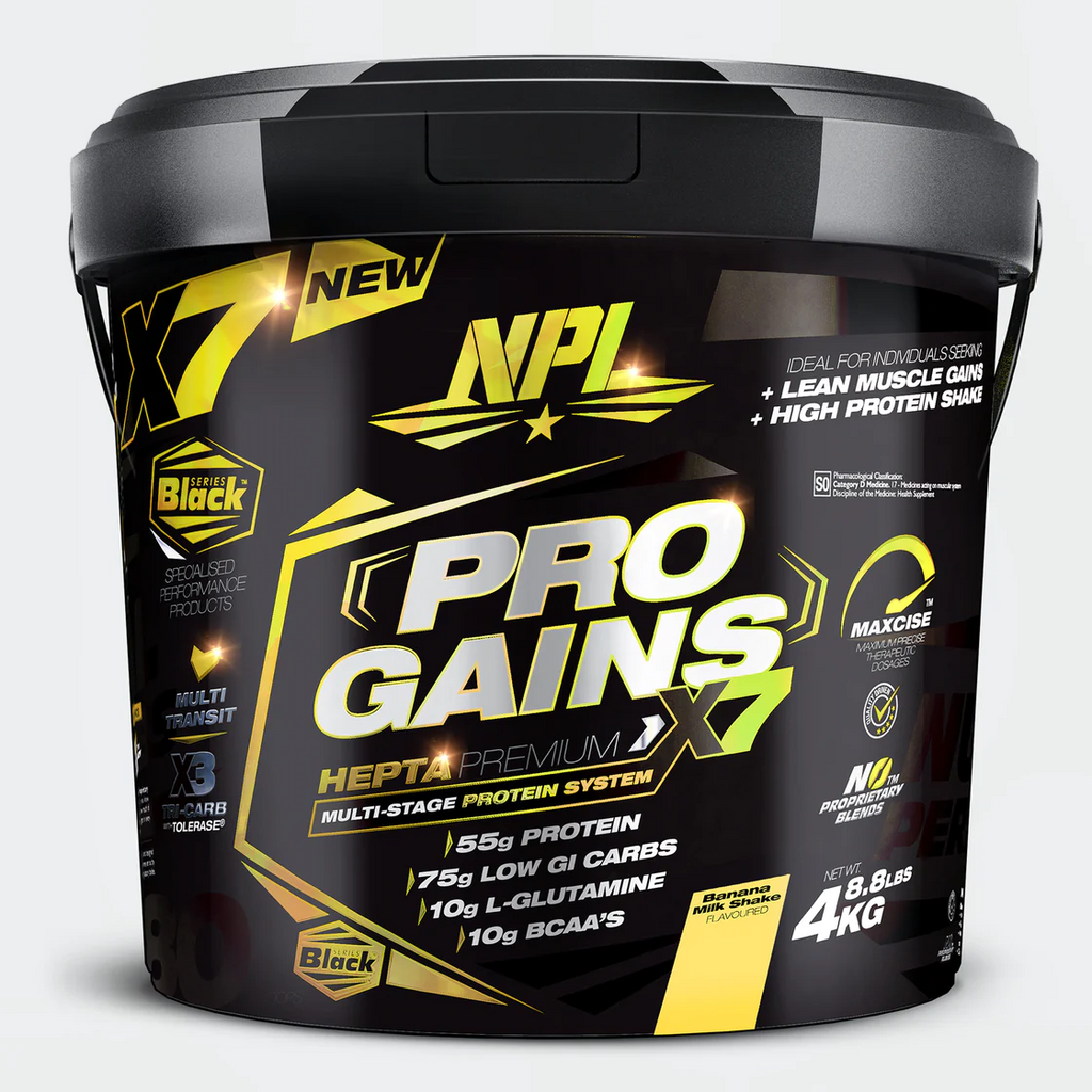 NPL’s Pro-Gains Banana Milkshake is a premium sports supplement formulated to promote sports supplement Pro-gains is a high protein shake, complete with complex carbohydrates, designed for individuals seeking to maximise lean muscle gains. Pro-gains contains 50 grams of high quality protein, ensuring optimised nitrogen retention through a multi-stage protein release mechanism. This system promotes lean muscle mass, strength gains, and enhances muscle recovery.