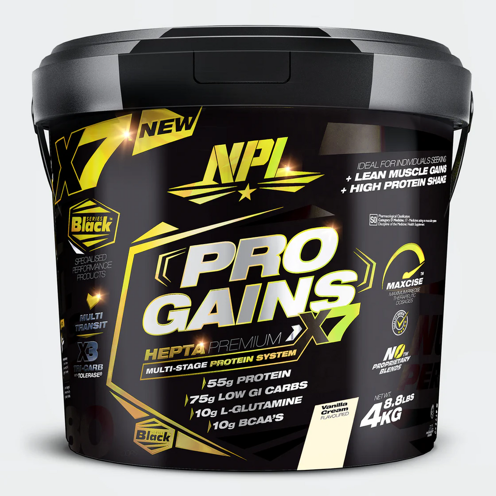 NPL’s Pro-Gains Vanilla Cream is a premium sports supplement formulated to promote sports supplement Pro-gains is a high protein shake, complete with complex carbohydrates, designed for individuals seeking to maximise lean muscle gains. Pro-gains contains 50 grams of high quality protein, ensuring optimised nitrogen retention through a multi-stage protein release mechanism. This system promotes lean muscle mass, strength gains, and enhances muscle recovery.