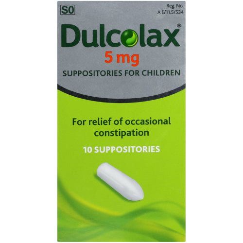 Dulcolax® Laxative Suppositories for Children (5 mg) is specially formulated for younger bodies and aids with the relief of occasional constipation.