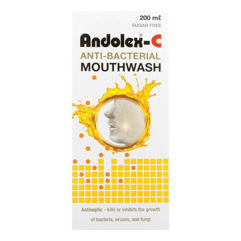 Andolex-C Anti-bacterial Mouthwash 200ml kills and inhibits the growth of bacteria, viruses and fungi, protecting teeth from plaque build-up and preventing gum disease. Andolex-C Oral Rinse Mouthwash is used for Gingivitis, Pain and inflammation of mouth and throat, Skin cleansing, Dental plaque and bacteria, Keratitis, Infection before any surgical procedure and other conditions.