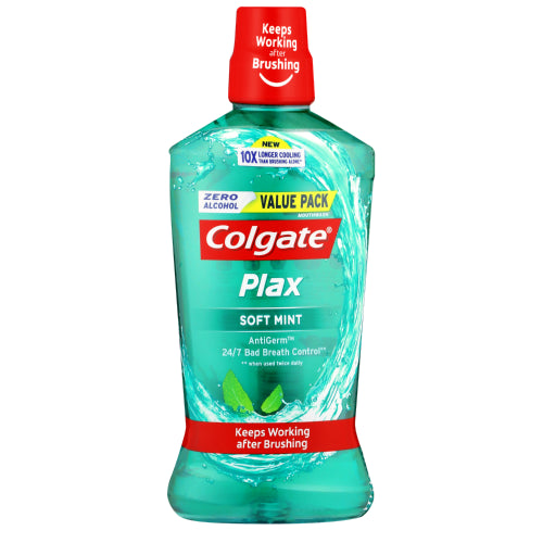 Colgate Plax Mouthwash Soft Mint 750ml is an alcohol-free mouthwash that offers 12 benefits in 1, as well as 12 hours of protection against 99.9% of germs and plaque. Helps fight gum problems. Prevents plaque and germ build up.