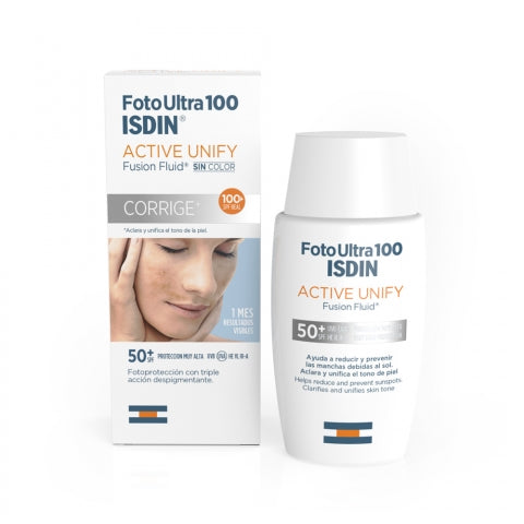 ISDIN Fotoultra 100 Active Unify  50ml  ISDIN FotoUltra 100 Active Unify Fusion Fluid SPF 50+ is indicated for the prevention of new pigmentation (sunspots) and for the treatment of existing pigmentation. Suitable for all skin types.