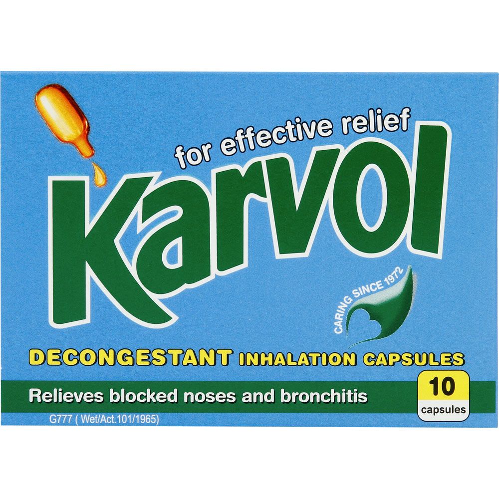 Karvol Decongestant Inhalation 10 Capsules contains a combination of oils that help relieve nasal congestion, head colds and bronchitis, so you can breathe easier