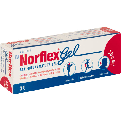 Norflex Gel 30g is an anti-inflammatory gel which helps relieve pain and inflammation and is also the only anti-inflammatory gel with local anaesthetic properties. This gel is recommended as a short-term treatment for the symptomatic relief of painful inflammatory conditions of the musculoskeletal system.