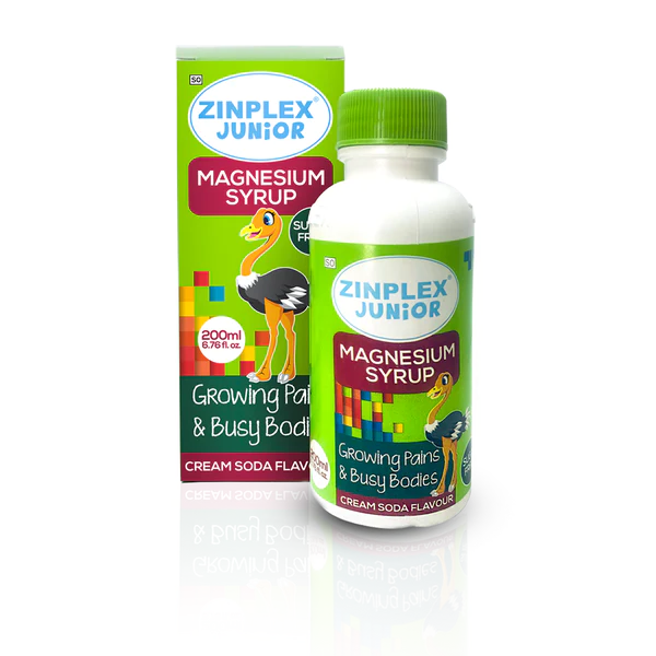 Zinplex Junior Magnesium Syrup Growing pains and busy bodies 200ml Contributes to the normal functioning of the nervous system,normal psychological function,the maintenance of normal muscle function,the reduction of tiredness and fatigue,normal energy-yielding metabolism and normal electrolyte balance.