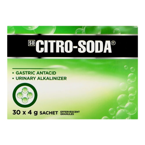 Citro Soda Granules 120g is a granular effervescent urinary alkaliniser and gastric antacid that comes in 30x 4g sachets that comes in 30 X 4g sachets. It provides relief for heartburn, indigestion and other acid related problems.