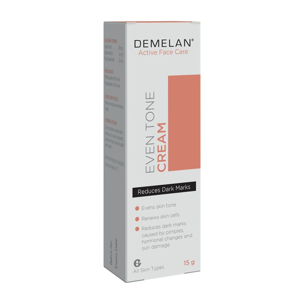 Demelan Cream 15g to even out skin tone during hyperpigmentation. Dermatologically tested.