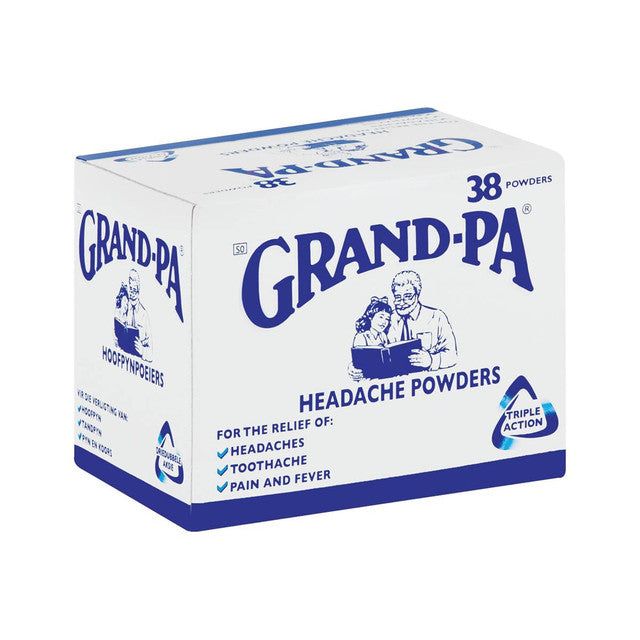 Grand-Pa 38 Headache Powders help with the relief of mild to moderate pain caused by headaches, toothaches, colds and flu. Each powder contains: aspirin 453.6 mg, paracetamol 324.0 mg, caffeine 64.8 mg