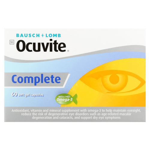 Ocuvite Complete is a premium quality eye supplement specifically formulated to include nutrients such as Docosahexaenoic Acid (DHA/0 and Zinc. DHA is an omega-3 fatty acid that contributes to the maintenance of normal vision. The beneficial effect of DHA is obtained with a regular daily intake of 250mg. Zinc is a mineral that contributes to the protection of cells from oxidative stress and contributes to the maintenance of normal vision.