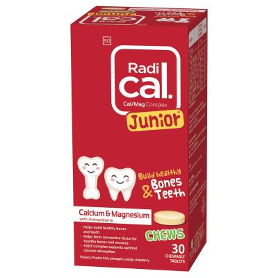 RADICAL® JUNIOR CHEWS help maintain healthy bones and teeth. K2D3™ complex supports optimal calcium absorption. RADICAL® JUNIOR CHEWS helps to lower your risk of bone mineral loss and osteoperosis – where the bones become brittle and fragile.  • Helps build healthy bones and teeth • Helps form connective tissue for healthy bones and muscles • K2D3™ Complex supports optimal calcium absorption