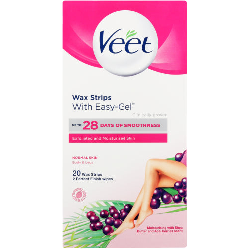 20 Wax Strips & 2 Perfect Finish Wipes removes even the shortest of hairs, while moisturising skin, giving you 28 days of smoothness. Contains enough strips for 2 depilations of both half legs.