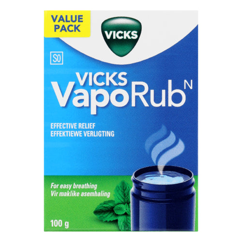 Vicks VapoRub Vaporizing Ointment 100g provides relief from a blocked nose, coughing and sore throat associated with colds and flu. Safe for the whole family to use, this vaporizing ointment goes to work fast to help soothe symptoms for a good night’s rest.