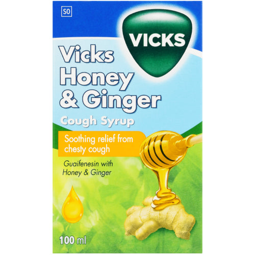 Vicks Cough Syrup Honey & Ginger 100ml combines the natural flavours of honey and ginger to soothe and offer relief from a chesty cough.