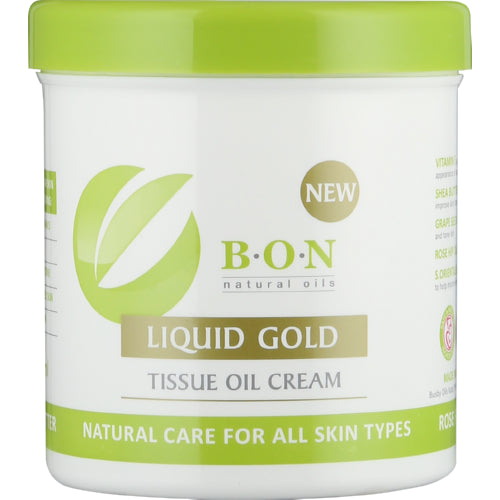 B-O-N Liquid Gold Tissue Oil Cream 400ml taps the skin-smoothing properties of all-natural oils, including rosehip, shea butter, grapeseed as well as vitamin E to reduce the visibility of stretch marks. Suitable for all skin types. Formulated without parabens and mineral oil.