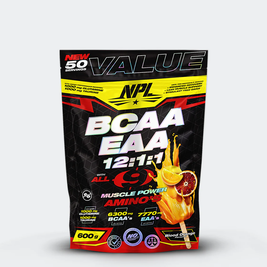NPL’s BCAA EAA 12:1:1 BLOOD ORANGE 600G gives you more amino acids then any other product on the market, promoting recovery after strenuous exercise  Amino Acids are the building blocks of protein and are important for muscle recovery and growth, particularly during and after strenuous exercise. Essential amino acids cannot be produced in the body and may need to be consumed through diet or supplementation.