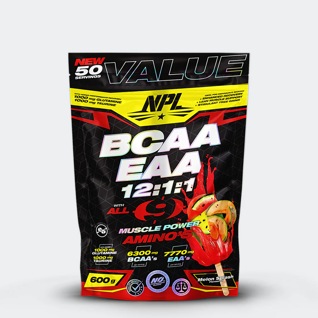 NPL’s BCAA EAA 12:1:1 MELON SPLASH 600G gives you more amino acids then any other product on the market, promoting recovery after strenuous exercise  Amino Acids are the building blocks of protein and are important for muscle recovery and growth, particularly during and after strenuous exercise. Essential amino acids cannot be produced in the body and may need to be consumed through diet or supplementation.