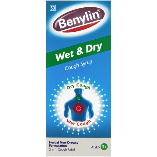 Benylin Wet and Dry Cough Mucus Relief Syrup thins and loosens chest mucus providing quick relief from cough and catarrh