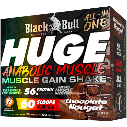 Black Bull Huge Anabolic Muscle Gain Shake Chocolate Nougat 4kg delivers 56g protein, 2043 calories and 313g carbs per serving with an anabolic formula to maximise your muscles and improve recovery.