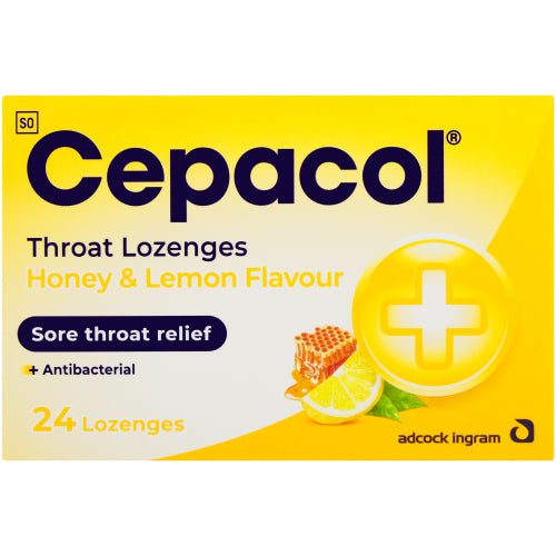 Cepacol Throat Lozenges Honey &amp; Lemon Flavour 24-Pack relieves sore throats with Cetylpyridinium Chloride, an antiseptic that combats bacteria. Perfect for the whole family, these soothing lozenges have a honey and lemon flavour, providing a convenient and comforting solution for managing throat discomfort whenever needed.