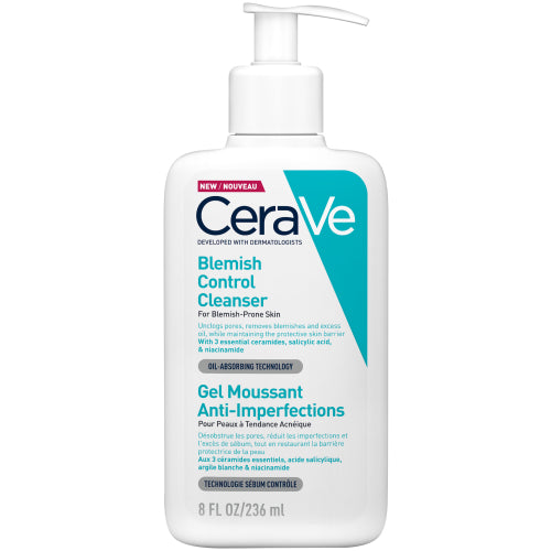 Cerave Blemish Control Cleanser 236ml with 2% salicylic acid reduces blackheads and helps prevent new breakouts while improving the look of pores and helping to maintain a healthy skin barrier.