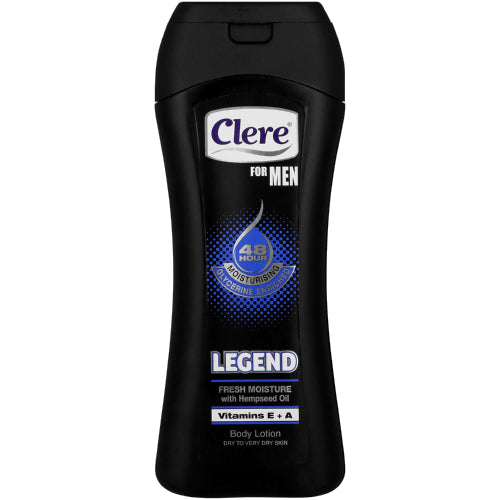 Clere Men Hand &amp; Body Lotion Legend is designed for the modern man who demands all-day moisture and a fresh, masculine scent. Formulated with glycerine, vitamins E &amp; A, and a non-greasy finish, this lotion deeply nourishes rough, dry skin while protecting it from daily environmental stress. Fast-absorbing and long-lasting, it keeps skin smooth, soft, and revitalized.