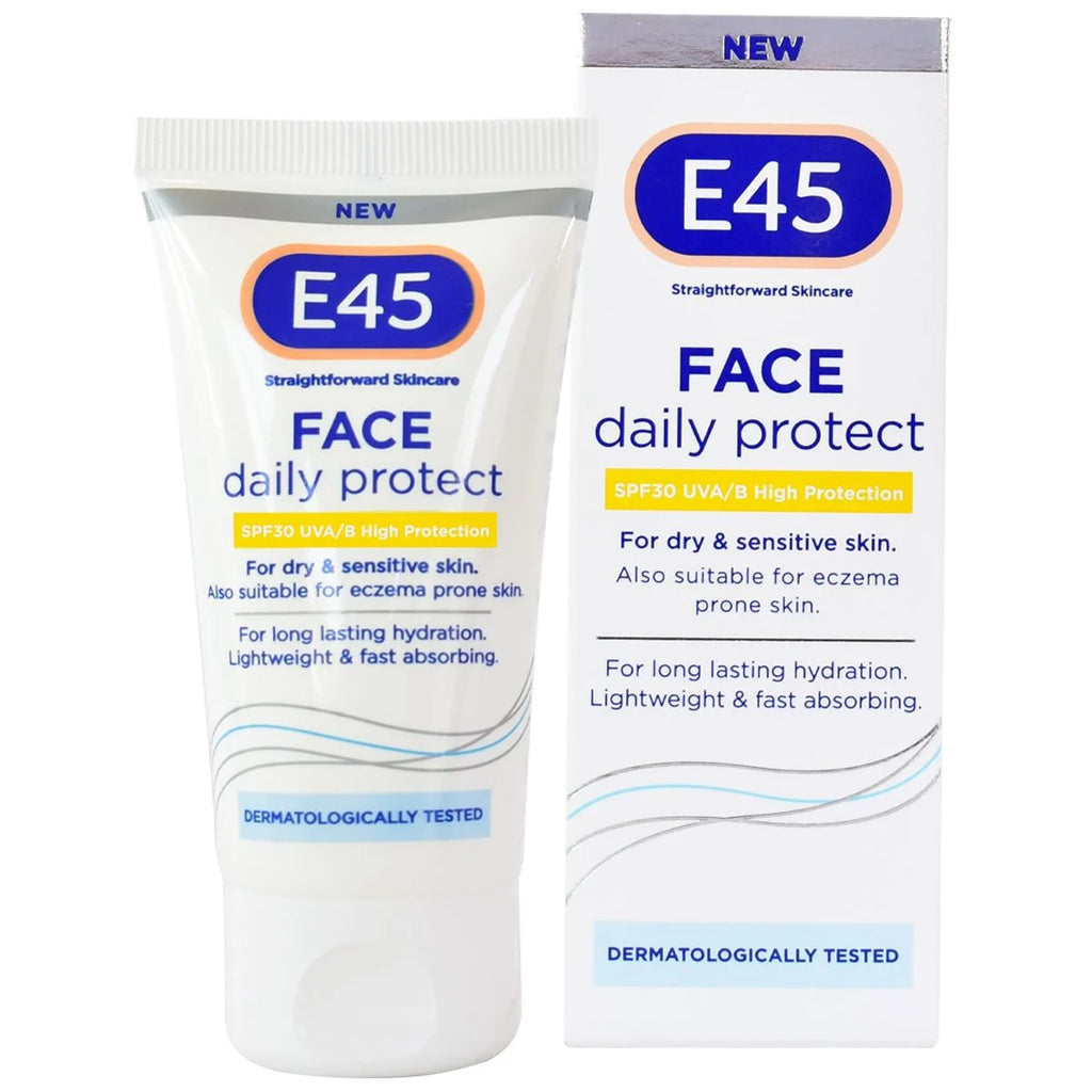 E45 Daily Face Cream SPF30 50ml with UVA/UVB filters is an intensely hydrating face cream for dry, sensitive, and even eczema-prone skin. This antioxidant-rich formula with vitamin E delivers up to 24 hours of hydration for moisturised, comfortable skin.