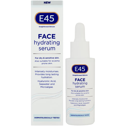 E45 Hydrating Face Serum 30ml For dry and sensitive skin. Also suitable for eczema-prone skin, Intensly moisturises, Provides long-lasting hydration, Dermatologically tested