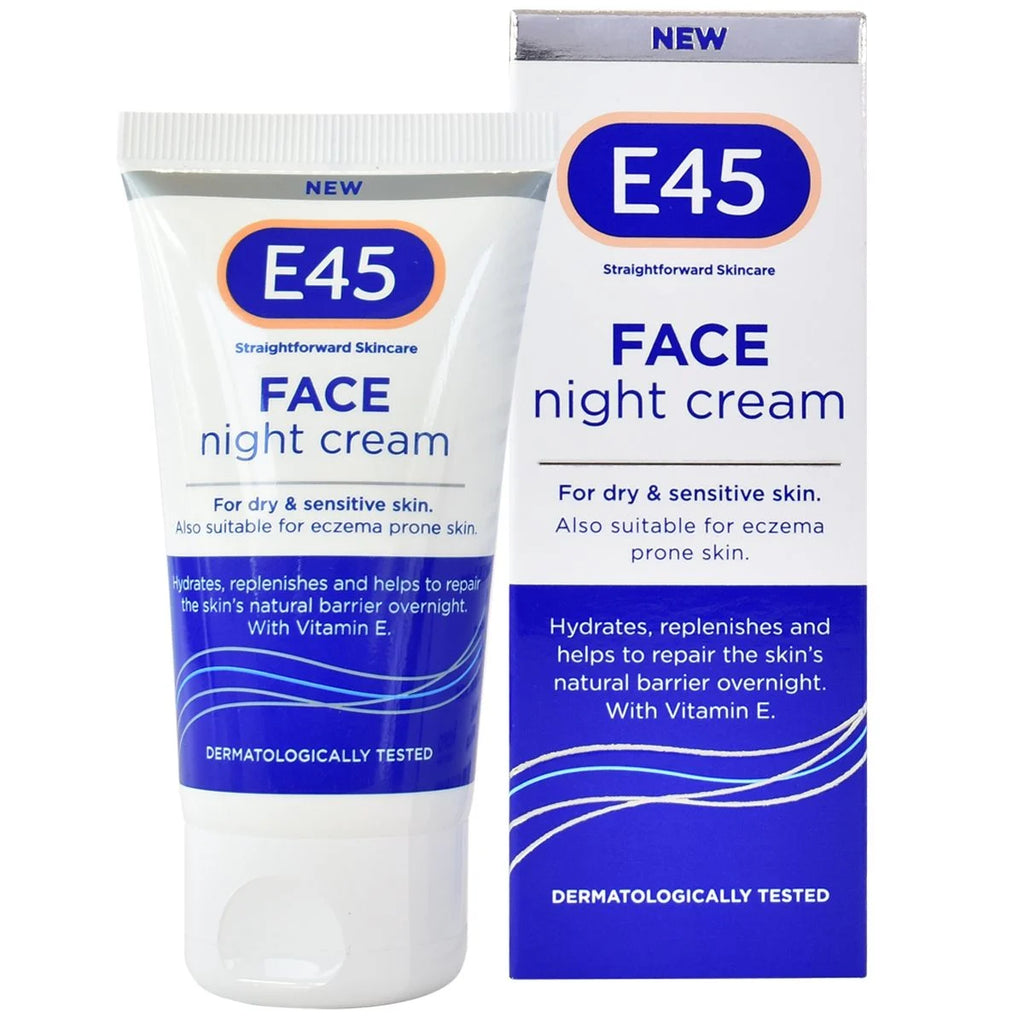 E45 Night Face Cream 50ml restores the skin barrier overnight and promotes skin recovery. It contains 5 deeply nourishing oils and a high concentration of antioxidants to nourish and protect.