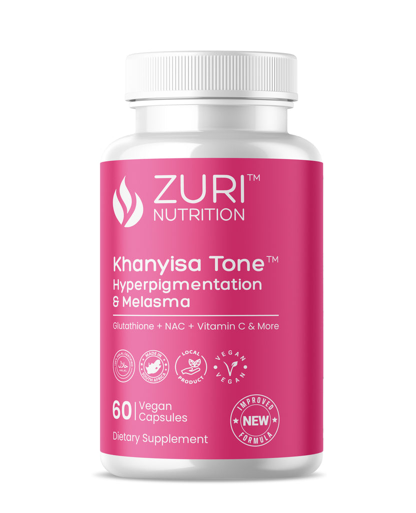 Khanyisa Tone™ is a formula, by Nutritionists, which is designed to improve sun damage, pigmentation, breakouts and blur impurities. &nbsp;Grape seed extract is clinically proven to improve skin luminosity, pigmentation, blemishes and elasticity. The combination of Gluthathione, Vitamin C and Pine Bark Extract work to produce a brighter and even tone complexion. Khanyisa Tone™ helps to minimize the appearance of new, dark hyperpigmentation patches, protects against free radical damage and inflammation and r