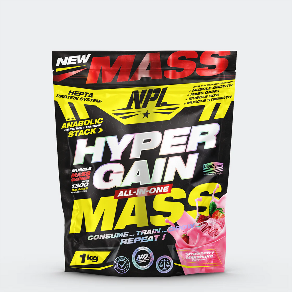 NPL Hyper Gain Mass 1kg - is a high-calorie mass gainer developed to optimise muscle growth and increase muscle protein synthesis. Hyper Gain is formulated for the ‘’hard-gainer’’ – those who find it difficult to gain mass. With over 1 360 calories per serving, this high calorie shake provides enough energy to promote muscle mass, strength, and size.