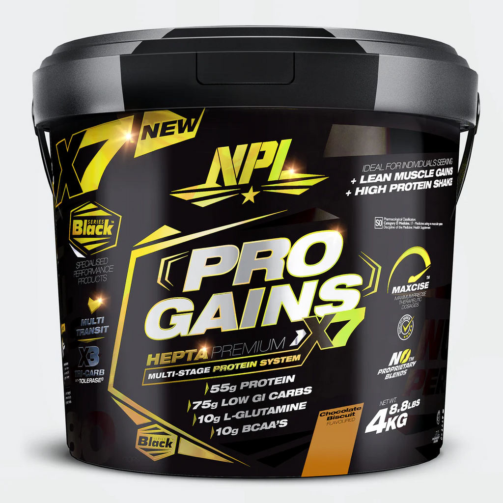 NPL Pro-Gains Chocolate Biscuit is a premium sports supplement formulated to promote sports supplement Pro-gains is a high protein shake, complete with complex carbohydrates, designed for individuals seeking to maximise lean muscle gains. Pro-gains contains 50 grams of high quality protein, ensuring optimised nitrogen retention through a multi-stage protein release mechanism. This system promotes lean muscle mass, strength gains, and enhances muscle recovery.