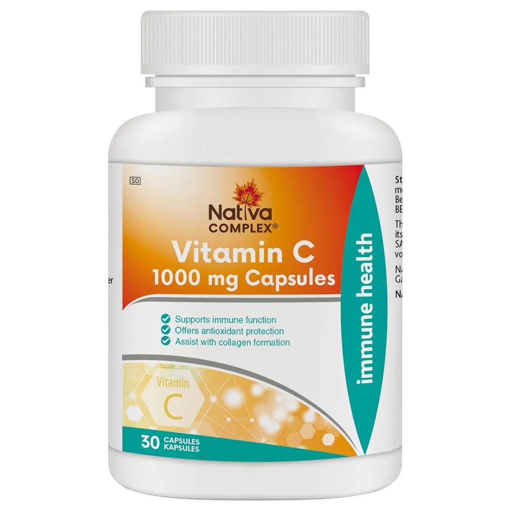 Boost your immune system and support daily wellness with Nativa Vitamin C 1000mg. Each capsule delivers a high-strength dose of Vitamin C, designed to help protect your body from oxidative stress, promote collagen production, and support overall health. Ideal for those with busy lifestyles, weakened immunity, or increased nutrient needs, this supplement provides a convenient way to ensure your daily vitamin intake.