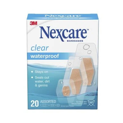 Nexcare Waterproof Bandages 20 Strips are made ultra thin and comfortable for extended wear. Plasters stay on in water and help to keep liquids, germs and dirt out. Latex free materials.