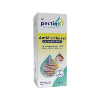 Pectin-K 100ml suspension is used for symptomatic relief of non-infective diarrhoea. Pectin-K Suspension works by:
Binding substances in the intestine.