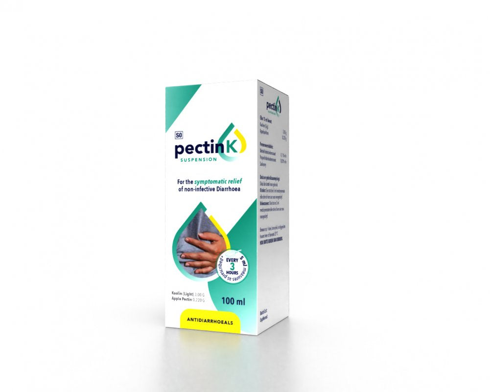 Pectin-K 100ml suspension is used for symptomatic relief of non-infective diarrhoea. Pectin-K Suspension works by: • Binding substances in the intestine   Contains: Kaolin Light 3g, Apple Pectin 0.22g  • Available in a smooth butterscotch flavoured suspension  • Can be used by the whole family