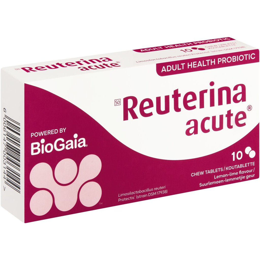 Reuterina Acute Probiotic Chew Tablets 10's supports your digestive health. With patented lactic acid bacterium to help the good microorganisms restore a natural balance in the gut, this supplement reduces diarrhoea, abdominal pain, and lactose intolerance symptoms. It is suitable for adults and kids over 2 years.