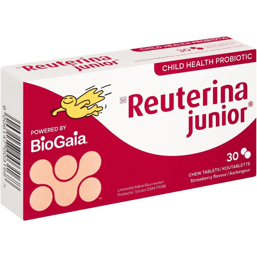 Reuterina Junior Probiotic Chew Tablets Strawberry Flavour 30 Pack helps balance the gut flora. With Limosilactobacillus Reuteri, a patented lactic acid bacterium, this dietary supplement for babies and children assists with constipation, diarrhoea, abdominal pain, and antibiotic-associated diarrhoea. It also strengthens immunity and diminishes the chances of respiratory infections.