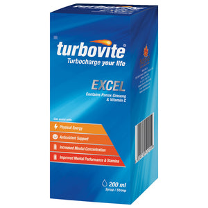 Turbovite Excel Syrup 200ml Fuel your day with Turbovite Excel with Panax ginseng, Caffeine and B complex vitamins, Turbovite Excel supports mental and physical performance when you are feeling stressed