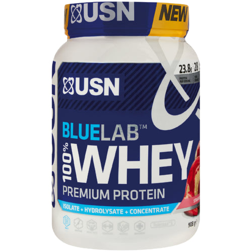 USN BlueLab Whey Premium Protein 908g Strawberry Ideal for optimal muscle support and recovery. Containing easy to digest isolate and hydrolysate concentrate and 100% whey. USN BlueLab Whey contains up to 25g of high quality whey protein per scoop for optimal muscle growth and support.