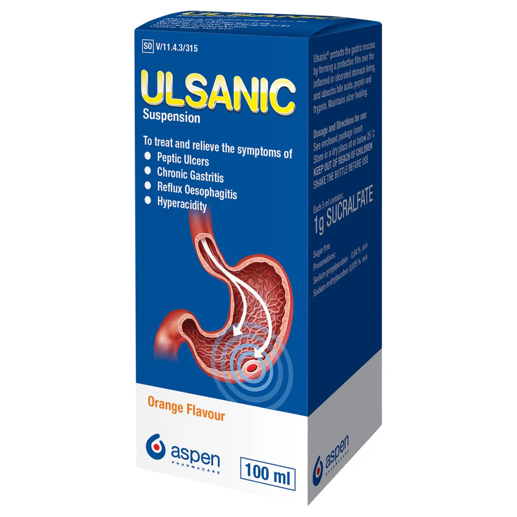 Ulsanic Suspension Relieves epigastric pain, heartburn nausea, hyperacidity and vomiting. Treats peptic ulcers and maintains ulcer healing.