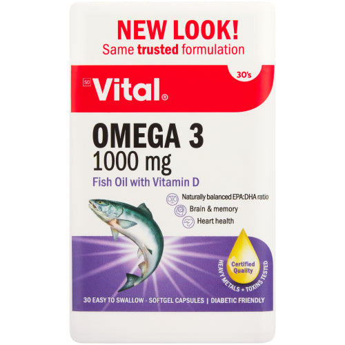 Vital Omega 3 Concentrate 30 Capsules uses 1000mg omega 3 fatty acids from fish oil to help with nervous and immune system health. It can also help balance saturated fats in the diet and is great for hair, skin and nails.

