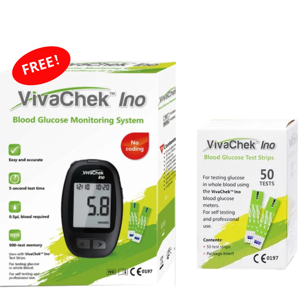 For testing glucose in whole blood using the VivaChek Ino blood glucose meters.
For self testing and professional use.