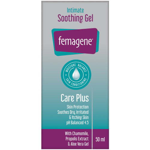 Femagene® Intimate Soothing Gel can assist to soothe dry, irritated and itchy skin.
Skin protection
pH balanced 4.5
with Propolis, Camomile and Aloe Vera to soothe dry, irritated and itchy skin