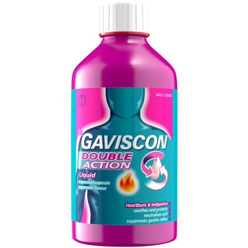 Gaviscon Double Action 600 ml, your go-to solution for uncomfortable heartburn, acid reflux and indigestion. This large-capacity bottle gives you excellent value and reliable daily support. Its dual-action formula not only neutralises excess stomach acid but also creates a protective barrier to prevent reflux — helping you feel comfortable again from meals, snacks and late-night discomfort.