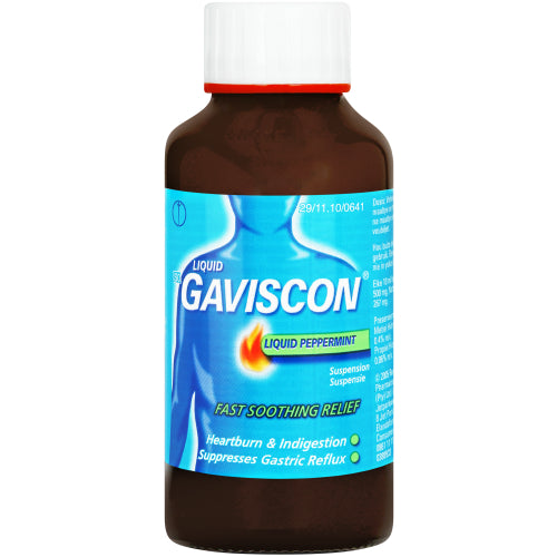 Gaviscon Liquid Suspension Peppermint 300ml acts fast to bring long-lasting relief from heartburn, acid indigestion and the symptoms of gastric reflux. It works by neutralising stomach acid and forming a barrier over stomach contents to soothe the burning.