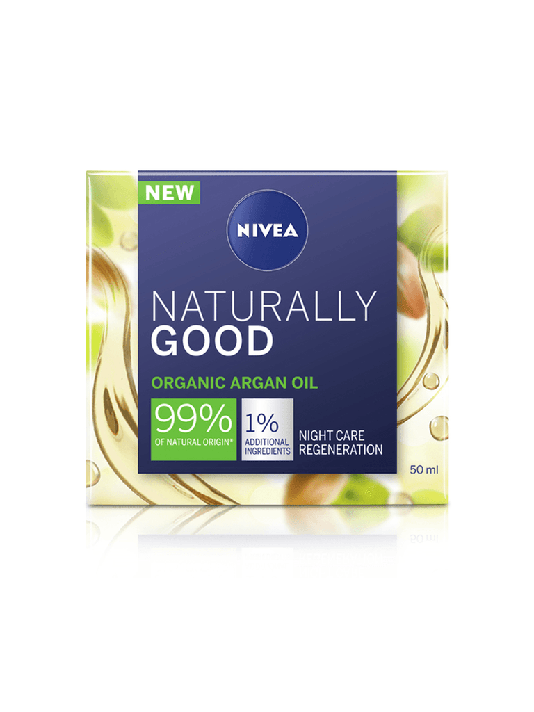 Nivea Naturally Good Organic Argan Oil night cream 50ml nourishes and helps the skin regenerate overnight for a supple, rested appearance by morning.