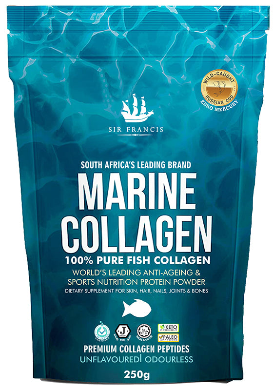 Sir Francis Marine Collagen 250g Take the halaal friendly Sir Francis Marine Collagen Powder daily to fortify your bone or joint strength while also promoting the growth of your hair and nails. This gmo-free hydrolysed fish collagen contains no shellfish, mercury, binders, fillers, preservatives or artificial sweeteners. It’s made with sustainably sourced, as certified by the Marine Stewardship Council . Adding it to your daily diet may also fade scars or wrinkles and revitalise your skin complexion.